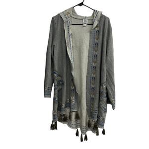 Boho Chic Embroidered Tassel Cardigan Ivy Jane Hooded Southwestern Gray L